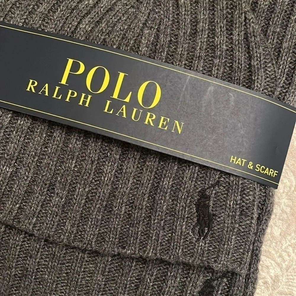 Brand New Polo Ralph Lauren 2-Piece Knit Beanie Hat & Scarf Set Gray Wool Pony